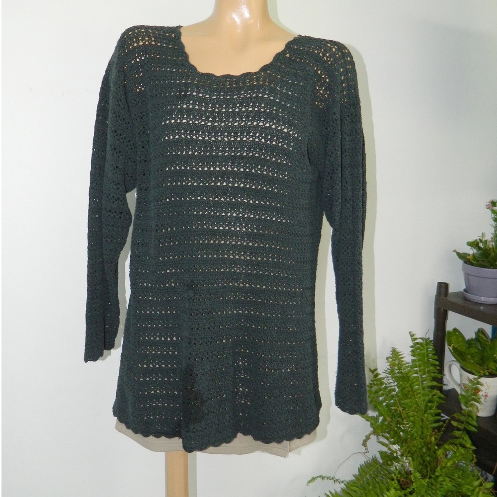 Lauren Brooke Crochet Sweater Women Medium Green Silk Cotton Open Knit Scallop